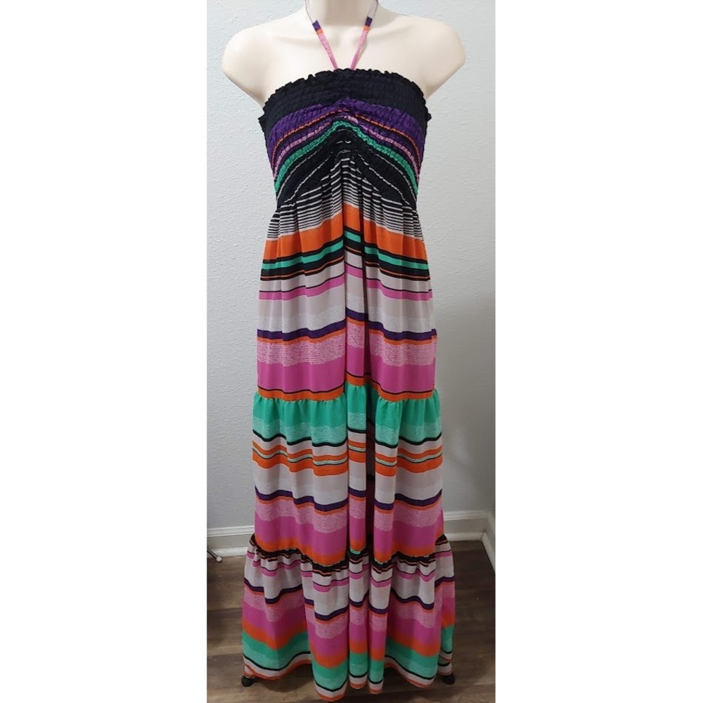 Striped Maxi Dress Size M  Smocked Halter Multicolor Sleeveless Casual  Boho